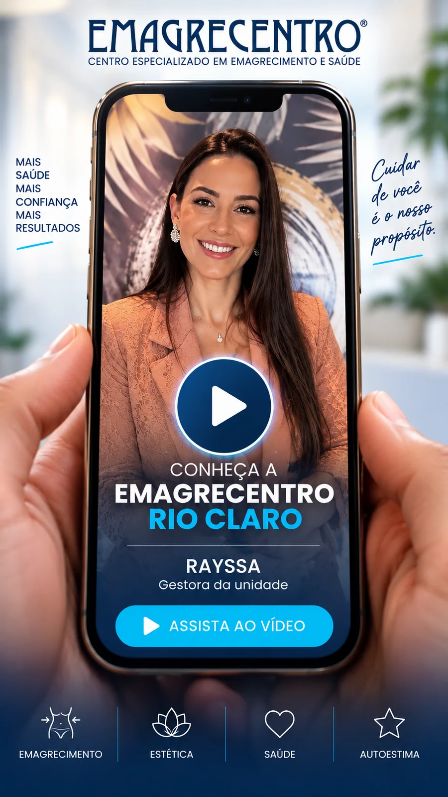 Capa do vídeo: Rayssa, gestora da Emagrecentro Piracicaba, convidando a assistir à mensagem da unidade