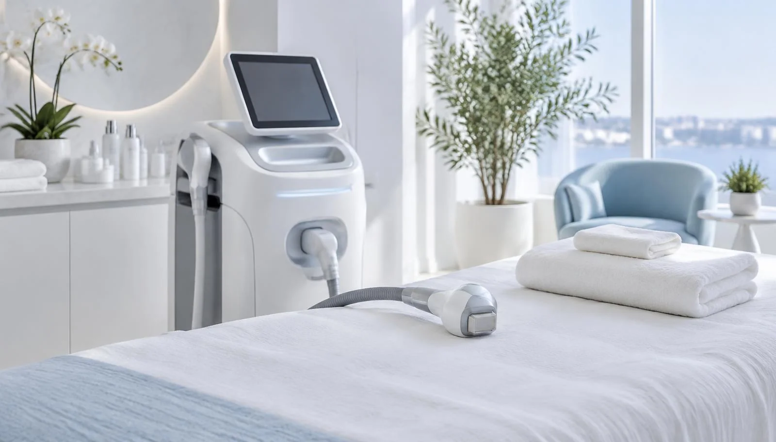 Sala de estética moderna e clara, com equipamento corporal e aplicador sobre a maca